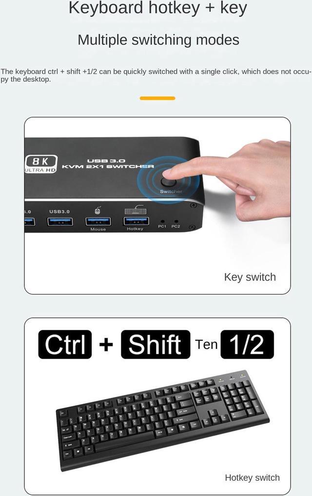 8K HDMI KVM Switch 8K USB KVM HDMI Switch 2x1 HDMI2.1 Ports + 4X USB3.0 KVM Ports Share 2 Computers One Monitor Switch Supports 8K 60Hz 4K 120Hz YUV 4:4:4 HDCP 2.3 HDR 10 Hotkey Darkish