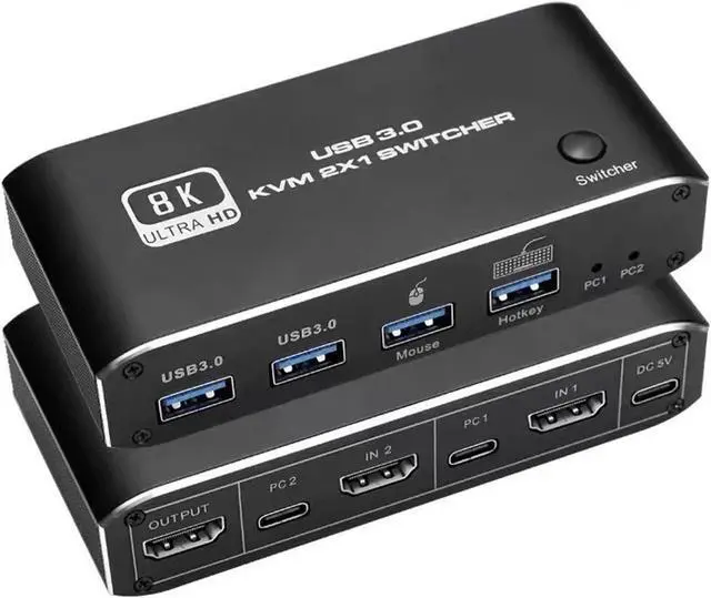 8K HDMI KVM Switch 8K USB KVM HDMI Switch 2x1 HDMI2.1 Ports + 4X USB3.0 KVM Ports Share 2 Computers one Monitor Switch Supports 8K 60Hz 4K 120Hz YUV 4:4:4 HDCP 2.3 HDR 10 Hotkey Darkish