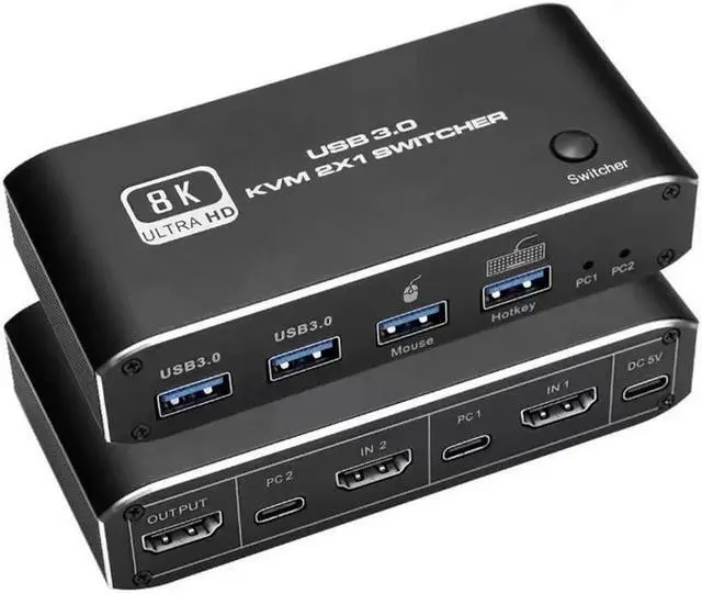 8K HDMI KVM Switch 8K USB KVM HDMI Switch 2x1 HDMI2.1 Ports + 4X USB3.0 KVM Ports Share 2 Computers one Monitor Switch Supports 8K 60Hz 4K 120Hz YUV 4:4:4 HDCP 2.3 HDR 10 Hotkey Darkish