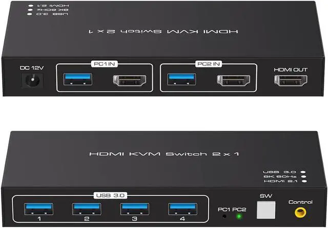 8K HDMI KVM Switch HDMI for 2 Computers Share 1 Monitor USB 3.0 Switches PC Support 8K 60Hz 4K 144Hz 4 USB Devices Such as Keyboard Mouse Printer with Desktop Wired Controller and 2 USB Cables