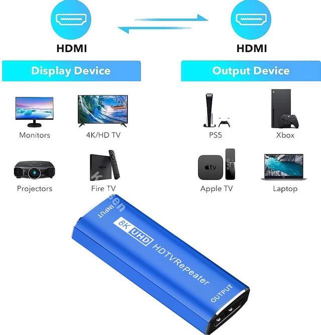 8K HDMI Repeater Extender 30M HDMI 2.1 Signal Booster Amplifier HDMI Female To Female Connector 8K 60HZ Video Extender Converter(Blue)