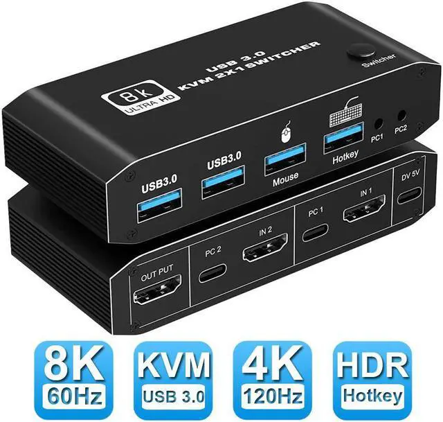 8K HDMI2.1 KVM Switch 2 in 1 Out HDMI-compatible 8K 60Hz 4K 120Hz 2 Port HD USB 3.0 KVM Switcher Box USB for Shared Monitor Keyboard And Mouse Printer PC