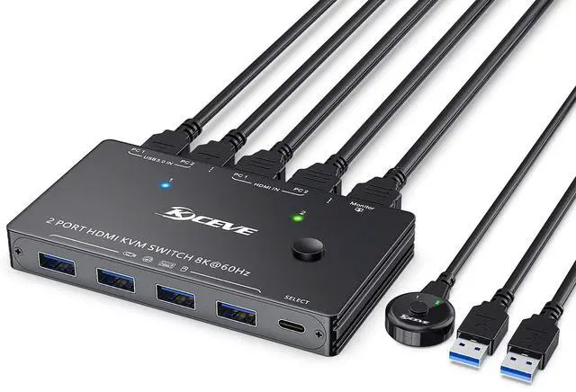8K KVM HDMI Switch 2 Ports KCEVE USB 3.0 KVM Switcher Box Support 7680x4320 60Hz 3840x2160 120Hz Resolution for 2 Computers Share Mouse Keyboard and Monitor