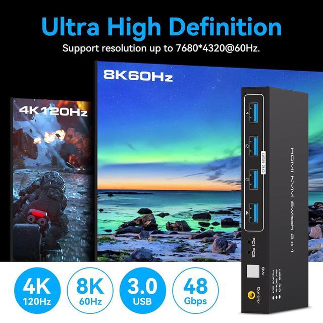 8K KVM Switch 1 Monitors 2 Computers HDMI With 4 USB 3.0 Hub 8K 60Hz HDMI 2.1 Monitor KVM Switch Wired Controller KVM Switches Share Keyboard Mouse Printer EDID Plug And Play