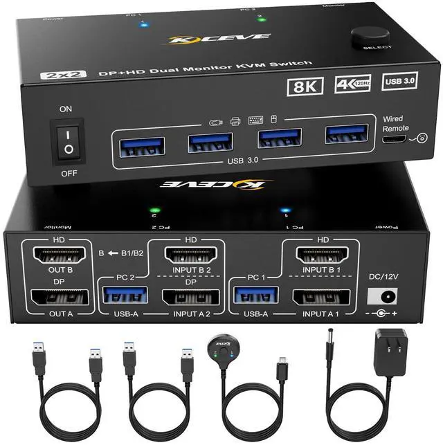 8K KVM Switch 2 Monitors 2 Computers Displayport HDMI Dual Monitor USB 3.0 DP KVM Switcher Supports 8K 60Hz for 2 Computers Share Keyboard Mouse and Monitor