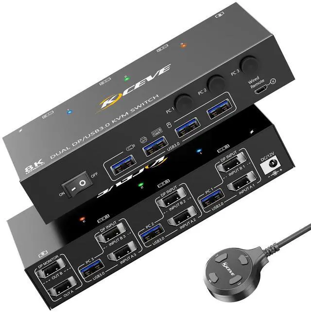8K KVM Switch 2 Monitors 3 Computer Dual Monitors USB 3.0 Displayport KVM Switcher Supports 8K 60Hz for 3 DP Port PC Share 2 DP Monitors Keyboard and Mouse