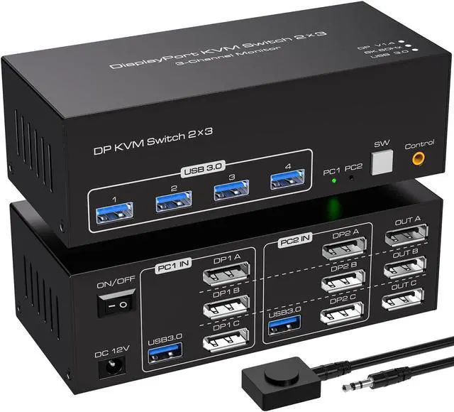 8K KVM Switch 3 Monitors 2 Computers Displayport 4K 120Hz USB 3.0 KVM Switches DP 1.4 Monitor Switch for 2 Computers with 4 USB Ports Support Extended & Copy Mode With 12V DC Adapter and 2 USB cables