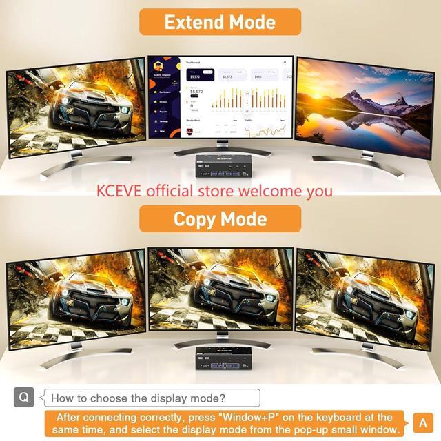 8K KVM Switch 3 Monitors 3 Computers HDMI + DisplayPort KCEVE USB 3.0 DP KVM Switcher 8K 30Hz/4k 144Hz Triple Monitor DP KVM For 3 PC Share 3 Display And 4 USB 3.0 Devices