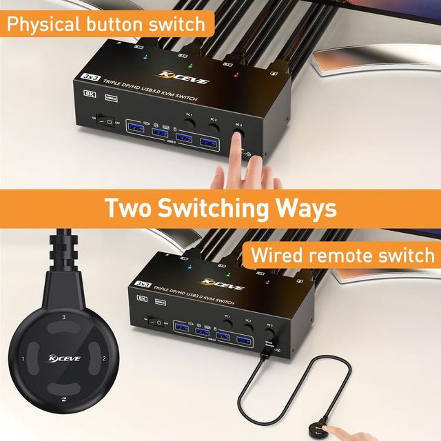 8K KVM Switch 3 Monitors 3 Computers HDMI + DisplayPort KCEVE USB 3.0 DP KVM Switcher 8K 30Hz/4k 144Hz Triple Monitor DP KVM For 3 PC Share 3 Display And 4 USB 3.0 Devices