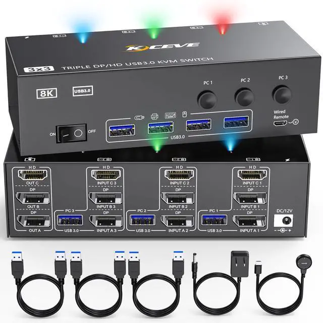 8K KVM Switch 3 Monitors 3 Computers HDMI + DisplayPort USB 3.0 DP KVM Switcher 8K 30Hz/4k 144Hz Triple Monitor DP KVM for 3 PC Share 3 Display and 4 USB 3.0 Devices