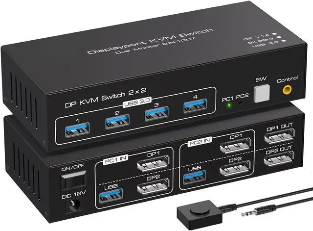 8K KVM Switch DisplayPort 2 Monitors 2 Computers Support 8K 60Hz KVM Switcher PC Display Share 2 Monitors and 4 USB 3.0 Support Copy and Extend Mode