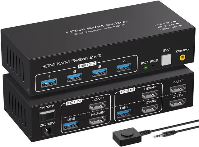 8K KVM Switch HDMI 2 Monitors 2 Computers Support 8K 60Hz 4K 120Hz KVM Switcher PC Display Share 2 Monitors and 4 USB 3.0 Support Copy and Extend Mode Includes Desktop Control and Power Adapte