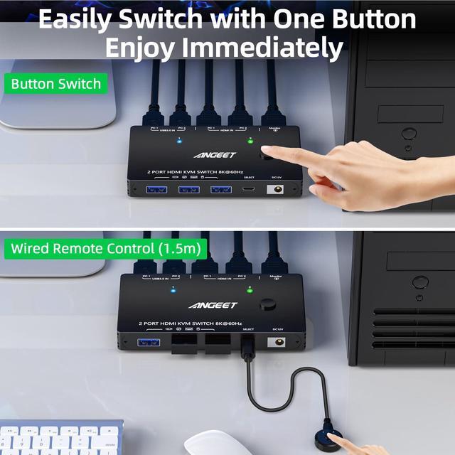 8K KVM Switch HDMI 2 Port 4K 120Hz ANGEET USB 3.0 KVM Switch For 2 Computers Share 1 Monitor And 3 USB Devices HDCP 2.3 HDR 10 With Wired Remote 12V Power Adapter And 2 USB3.0 Cables