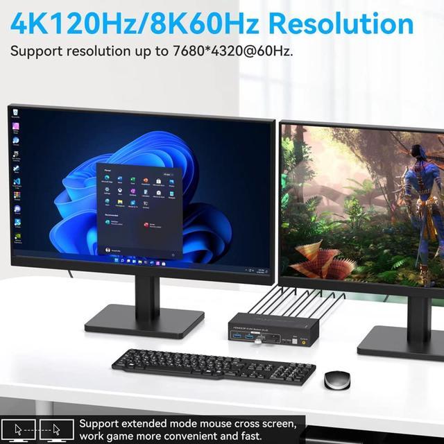 8K KVM Switch HDMI DisplayPort 2 Monitors 2 Computers Support 8K 60Hz KVM Switcher PC Display Share 2 Monitors And 4 USB 3.0 Support Copy And Extend Mode