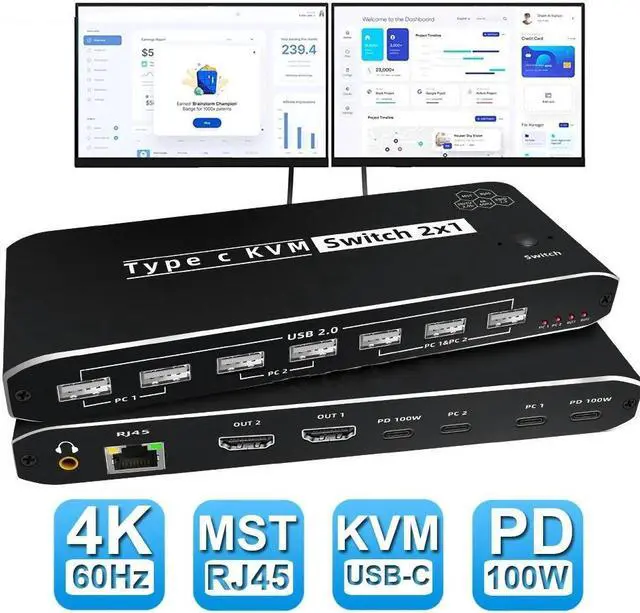 8K KVM Switch USB C 2 in 1 Out UHD 8K 60Hz 7 USB 2.0 Hub One Key Button Switch Audio RJ45 Compatible with Keyboards and Mouse 5 USB2.0 2 Computers Share 1 Monitor(DP or HDMI)