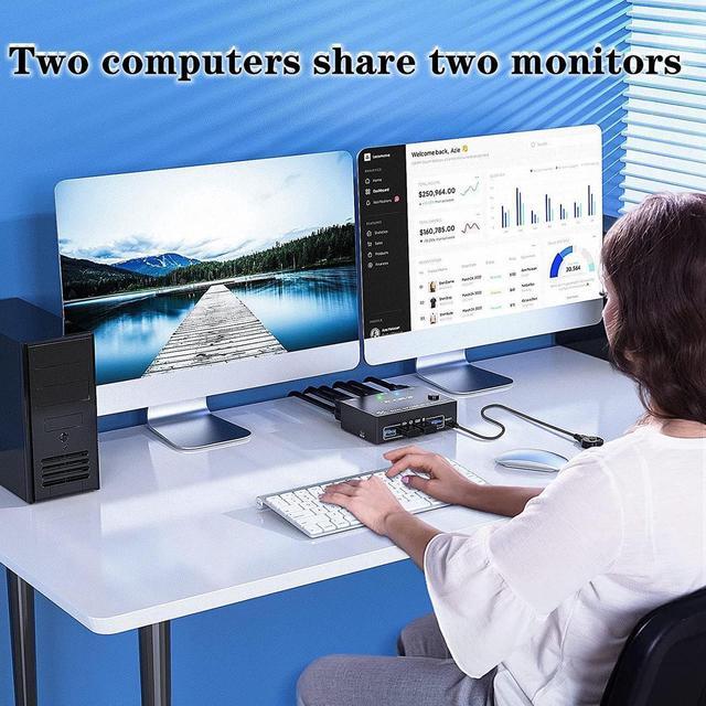 8K USB 3.0 Displayport KVM Switch 2 Computers 2 Monitors 8K 30Hz 4K 144Hz Dual Monitor Displayport 1.4 KVM Switches 2 In 2 Out With 4 USB 3.0 Port For USB Device Wired Remote And 4 Cables Included