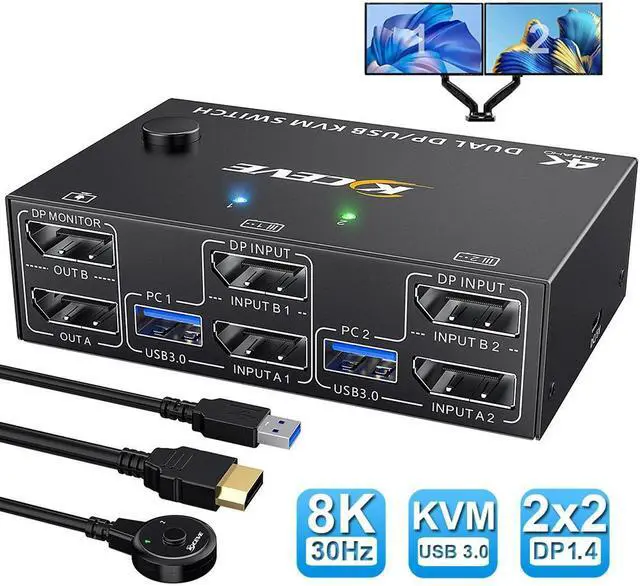 8K USB 3.0 Displayport KVM Switch 2 Computers 2 Monitors 8K 30Hz 4K 144Hz Dual Monitor Displayport 1.4 KVM Switches 2 in 2 Out with 4 USB 3.0 Port for USB Device Wired Remote and 4 Cables Included