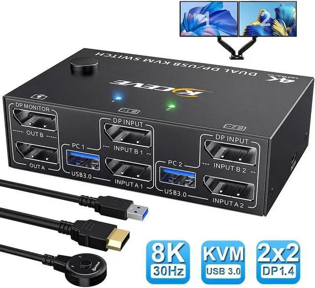 8K USB 3.0 Displayport KVM Switch 2 Computers 2 Monitors 8K 30Hz 4K 144Hz Dual Monitor Displayport 1.4 KVM Switches 2 in 2 Out with 4 USB 3.0 Port for USB Device Wired Remote and 4 Cables Included