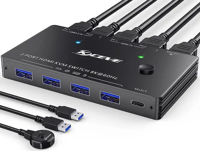 8K USB 3.0 KVM Switch HDMI 2 Port 8K 60Hz 4K 120Hz HD-MI2.1 KVM Switch for 2 Computers Share 1 Monitor and 4 USB 3.0 Devices HDCP 2.3 HDR 10 with Wired Remote and 2 USB 3.0 Cable