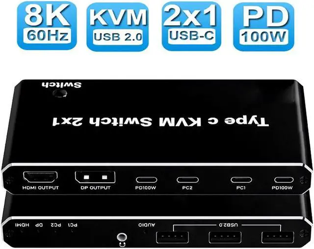 8K USB C KVM Switch 2x1 KVM Switch HDMI DP USB KVM Switch for 2 Computers Sharing One HD Monitor and Keyboard Mouse 100 W Power Delivery Support 8K 60Hz 2 USB-C Cables Included