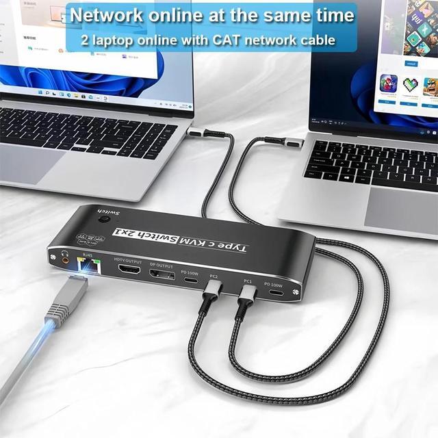 8K USB C KVM Switch 8K 60Hz 4K 120Hz USB C KVM Switch With And 100W Power Delivery For 2 Computers Share 1 Monitor(DP/HDMI Output) And 7 USB Devices 3.5mm Audio Ethernet