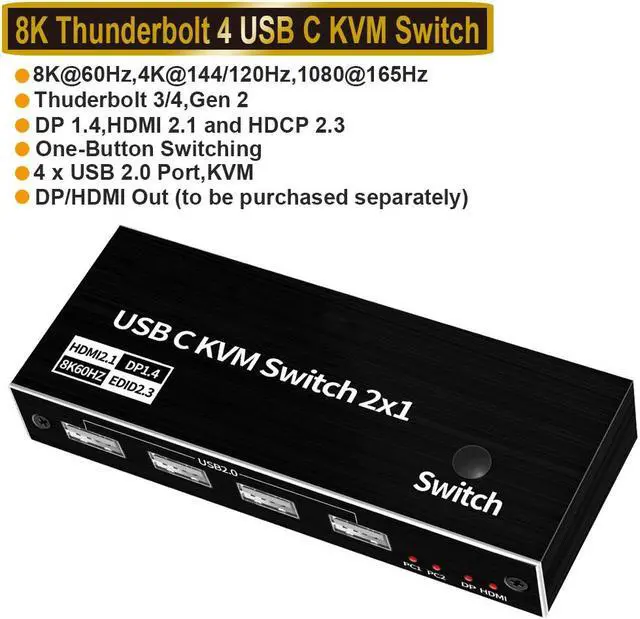 8K USB-C KVM Switch - 8K 60Hz USB-C HDMI/DP KVM Switch for 2 Computers 1 Monitor and 4 USB Ports to Share Mouse Keyboard or Other USB Devices 2 USB-C Cables Included