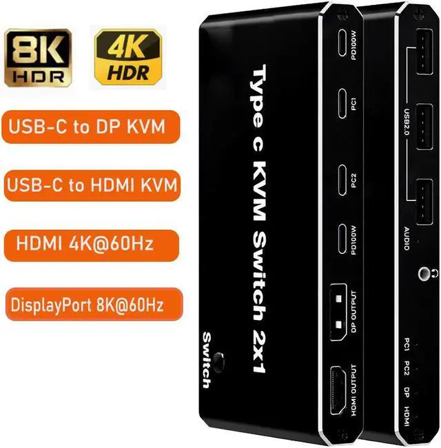 8K USB-C KVM Switch - 8K 60Hz USB-C HDMI/DP KVM Switch 2 Port 100W PD for 2 Computers 1 Monitor and 3.5mm Audio 3 USB Ports to Share Mouse Keyboard or Other USB Devices