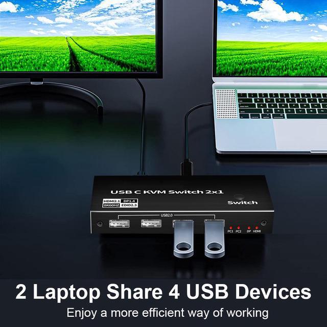 8K USB C KVM Switch HDMI 2 Port 8K 60Hz 4K 120Hz HDMI 2.1 KVM Switch For 2 Computers Share 1 Monitor(DP/HDMI Output) And 4 USB Devices And 2 USB-C Cables Included
