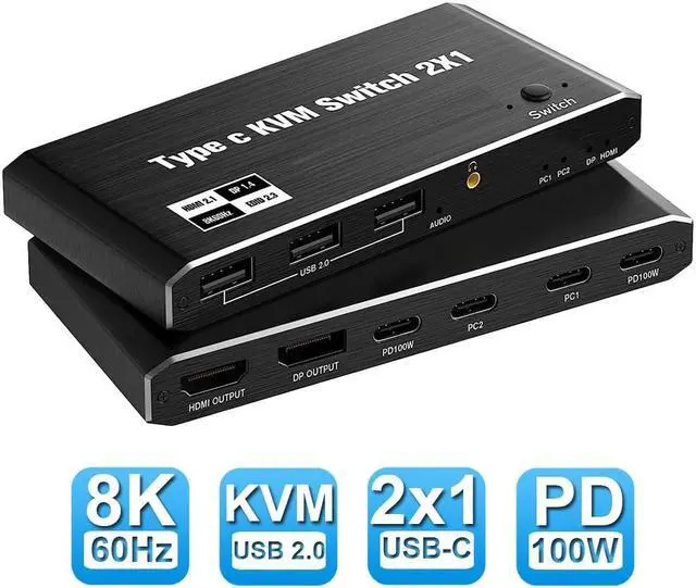 8K USB C KVM Switch HDMI 2 Port 8K 60Hz 4K 120Hz HDMI 2.1 KVM Switch with and 100W Power Delivery for 2 Computers Share 1 Monitor(DP/HDMI Output) and 3 USB Devices 3.5mm Audio