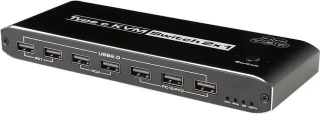 8K USB-C KVM Switch with Audio RJ45 2 in 1 Out for 2PC Share 1 Monitor and One Keyboard Mouse and 5 USB devices 8K 60Hz 100w PD for computers laptops game consoles