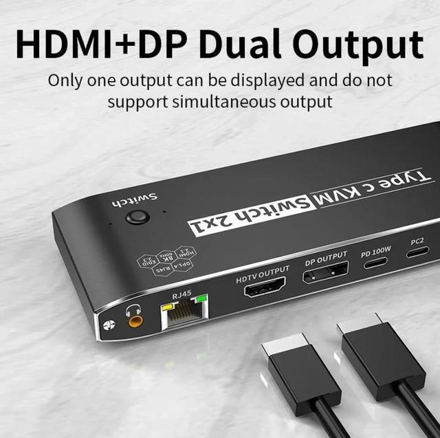 8K USB C KVM Swith 2 In 1 Out Type C To Displayport Or HDMI KVM Switch For 2 Computers Share 1 Monitor With 7 USB2.0 Devies With PD Charging/3.5mm Audio/RJ45 Network Compatible With Thinderbolt 3/4