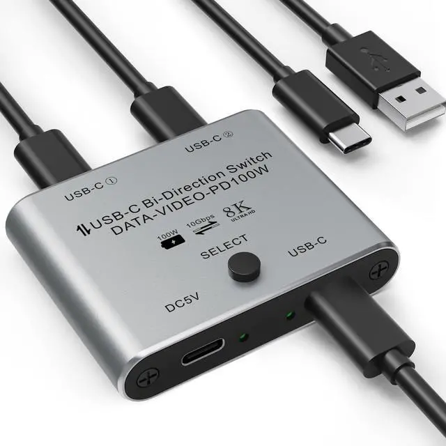 8K USB C Switch Bi-Directional USB-C KVM Switcher Supports 8K 60Hz/4K 144Hz Video 100W Power Delivery and 10Gbps Data Transfer with Power Cable