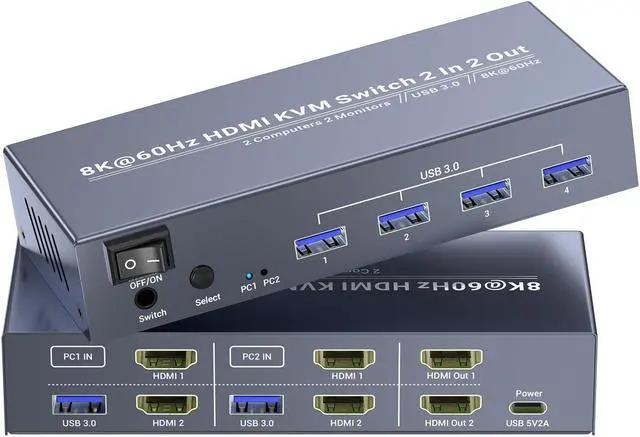 8K60Hz 4K120Hz HDMI KVM Switch 2 Monitors 2 Computers USB 3.0 Dual Monitor HDMI KVM Switch 2 Port HDMI KVM Switch for Controlling 2 PC with 1 Set of Keyboard Mouse and 2 Monitors