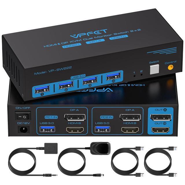8K60Hz HDMI+DP KVM Switch 2 Monitors 2 Computers With 8K DisplayPort Cable 1.4 DP To DP Male-to-male Gold-plated Cable 3.3 Ft. (8K60Hz 4K144Hz) For 2 Computers Sharing 2 Monitors And 1 Set Of Keyboa