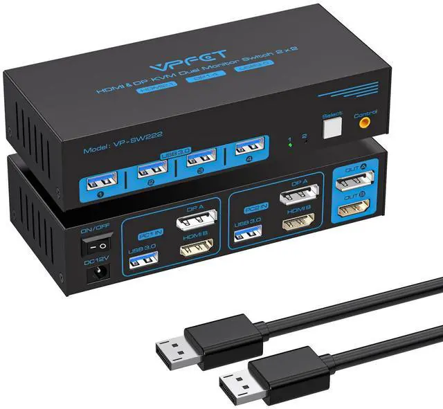 8K60Hz HDMI+DP KVM Switch 2 monitors 2 computers with 8K DisplayPort cable 1.4 DP to DP male-to-male gold-plated cable 3.3 ft. (8K60Hz 4K144Hz) for 2 computers sharing 2 monitors and 1 set of keyboa