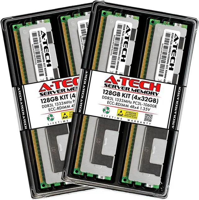 A-Tech 128GB (4x32GB) 4Rx4 PC3L-10600R DDR3 / DDR3L 1333 MHz ECC RDIMM 1.35V Registered DIMM 240-Pin Quad Rank x4 Low Voltage Server & Workstation RAM Memory Upgrade Kit