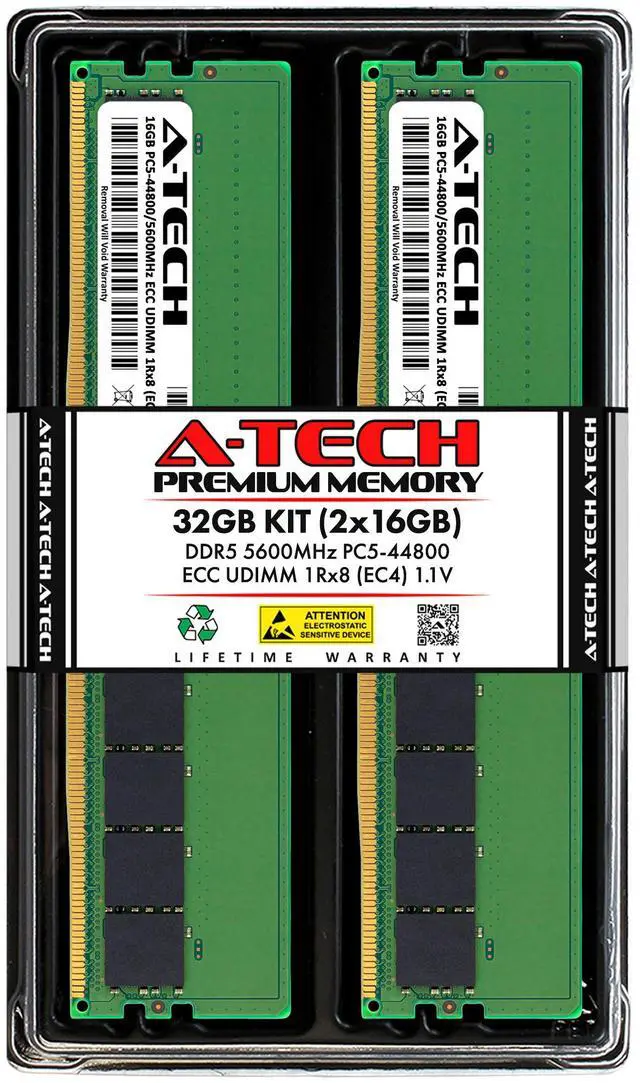 A-Tech 32GB (2x16GB) 1Rx8 PC5-44800E DDR5 PC5-44800 MHz ECC UDIMM Unbuffered DIMM 288-Pin Single Rank x8 Server & Workstation RAM Memory Upgrade Kit