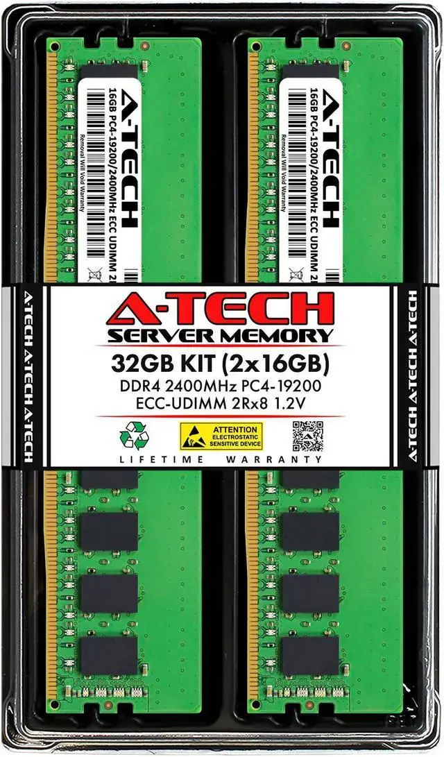 A-Tech 32GB (2x16GB) 2Rx8 PC4-19200 / PC4-19200E DDR4 2400 MHz ECC UDIMM 1.2V ECC Unbuffered DIMM 288-Pin Dual Rank x8 Server & Workstation RAM Memory Upgrade Kit