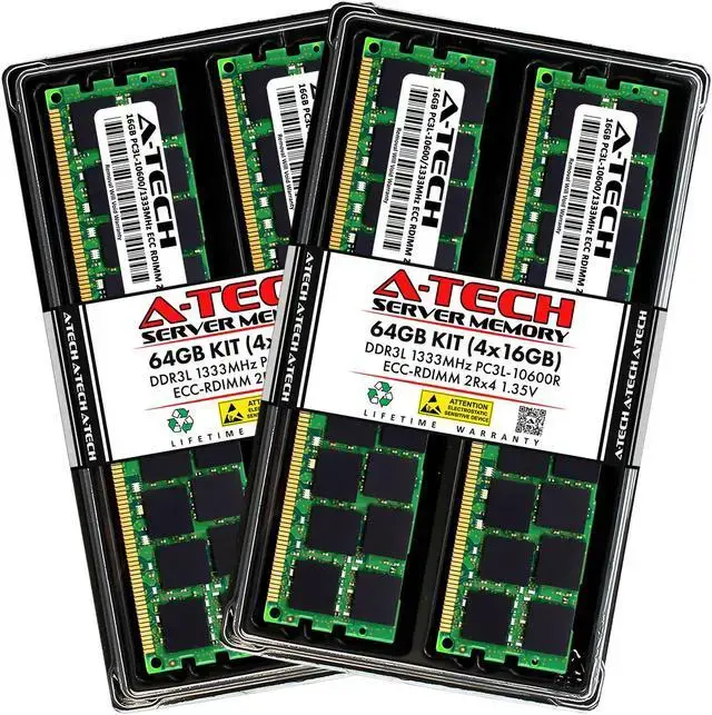 A-Tech 64GB (4x16GB) 2Rx4 PC3L-10600R DDR3 / DDR3L 1333 MHz ECC RDIMM 1.35V Registered DIMM 240-Pin Dual Rank x4 Server & Workstation RAM Memory Upgrade Kit
