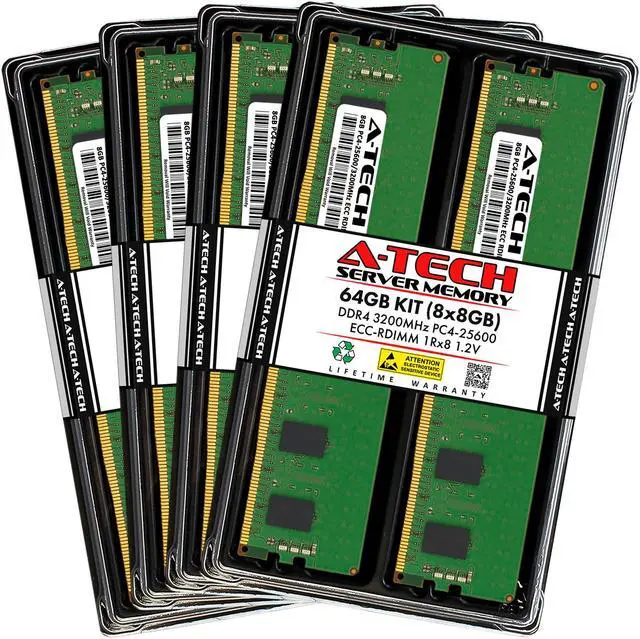 A-Tech 64GB (8x8GB) 1Rx8 PC4-25600R DDR4 3200 MHz ECC RDIMM Registered DIMM 288-Pin Single Rank x8 Server & Workstation RAM Memory Upgrade Kit