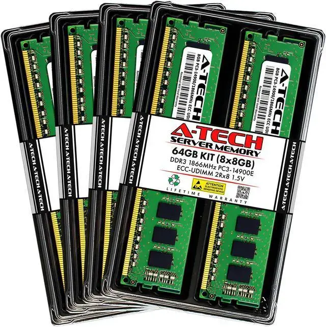 A-Tech 64GB (8x8GB) 2Rx8 PC3-14900E DDR3 1866 MHz ECC UDIMM 1.5V ECC Unbuffered DIMM 240-Pin Dual Rank x8 Server & Workstation RAM Memory Upgrade Kit