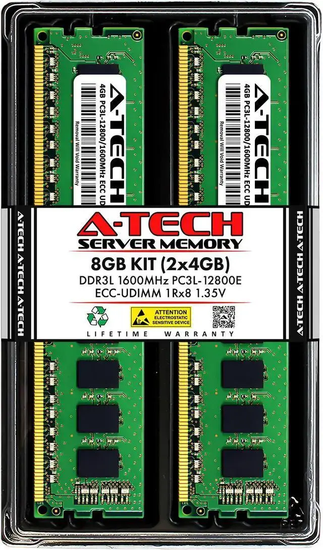 A-Tech 8GB (2x4GB) 1Rx8 PC3L-12800E DDR3 / DDR3L 1600 MHz ECC UDIMM 1.35V ECC Unbuffered DIMM 240-Pin Single Rank x8 Server & Workstation RAM Memory Upgrade Kit
