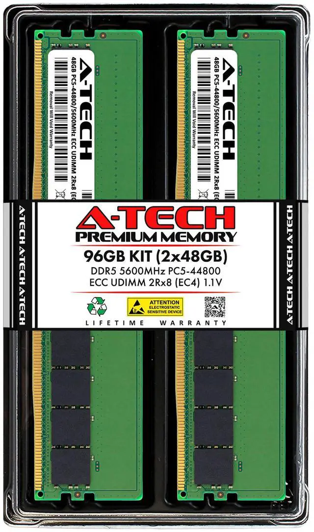 A-Tech 96GB (2x48GB) 2Rx8 PC5-44800E DDR5 PC5-44800 MHz ECC UDIMM Unbuffered DIMM 288-Pin Dual Rank x8 Server & Workstation RAM Memory Upgrade Kit