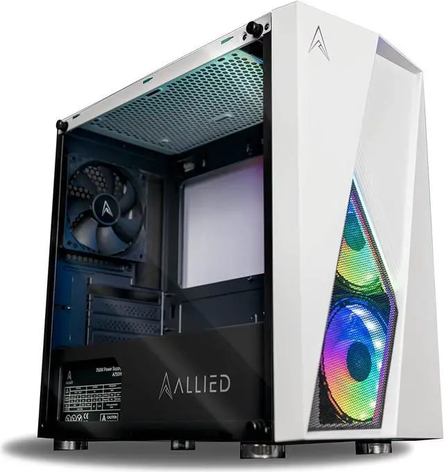 Allied Gaming Stinger Micro-ATX Tower Gaming Desktop Case: Tempered Glass Panel 3X ARGB Fans Pre-Installed LED ARGB Fans 1x USB 3.0 Ports 2X USB 2.2 Ports & Mesh Front Panel Airflow