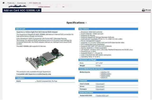 AOC-S3008L-L8I 8 Internal Ports 12Gb S 63HDD RAID Card