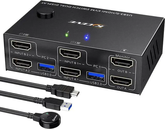 AomUSB 3.0 HDMI KVM Switch 2 Monitors 2 Computers 4K 60Hz 2K 144Hz EDID Emulator Camgeet Dual Monitor KVM Switch for 2 Computers Share 2 Displays and 4 USB 3.0 Ports Wired Remote and Cables Included