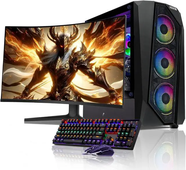 AQVIN - AQ30 Gaming Desktop Tower PC Windows 10 Pro Computer - Intel Core I7 Processor Up to 4.00 GHz - GeForce RTX 3050 6GB GDDR6 GPU - 32GB RAM - 2TB SSD - 27-inch Curved Gaming Monitor -RGB Light