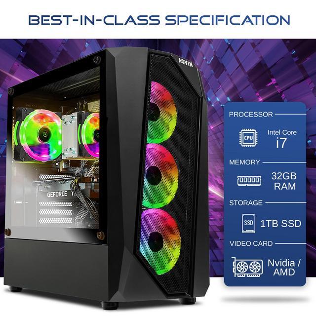 AQVIN AQ30 Gaming PC AMD Graphics RX 550 4GB (HDMI) Intel Core I7 CPU 1TB SSD Storage 32GB DDR4 RAM Windows 10 Pro RGB Gaming Keyboard Mouse Build-in WIFI - Black