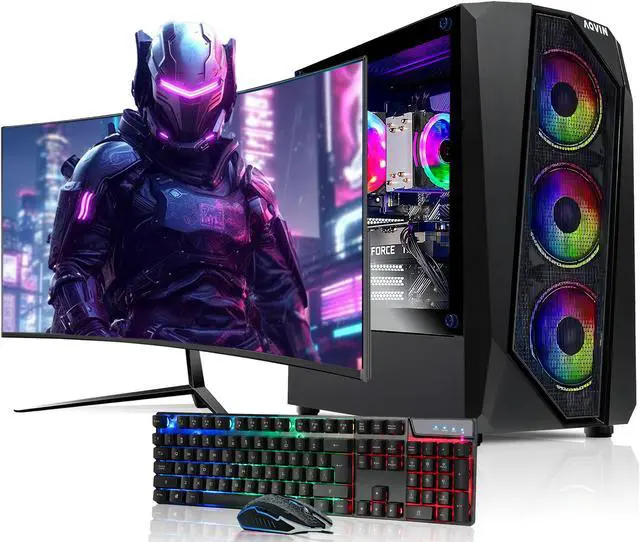 AQVIN AQ30 Gaming PC Windows 11 Pro Tower Computer - Intel Hexa Core I7 Up to 4.60 GHz GeForce RTX 4060 8GB Graphics Card 27-inch Curved Gaming Monitor 32GB DDR4 RAM 1TB NVMe SSD Built-in WIFI