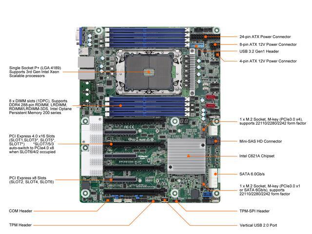 AsRock Rack SPC621D8 ATX Server Motherboard Single Socket P+ (LGA 4189) 3rd Gen Intel® Xeon® Scalable Processors C621A